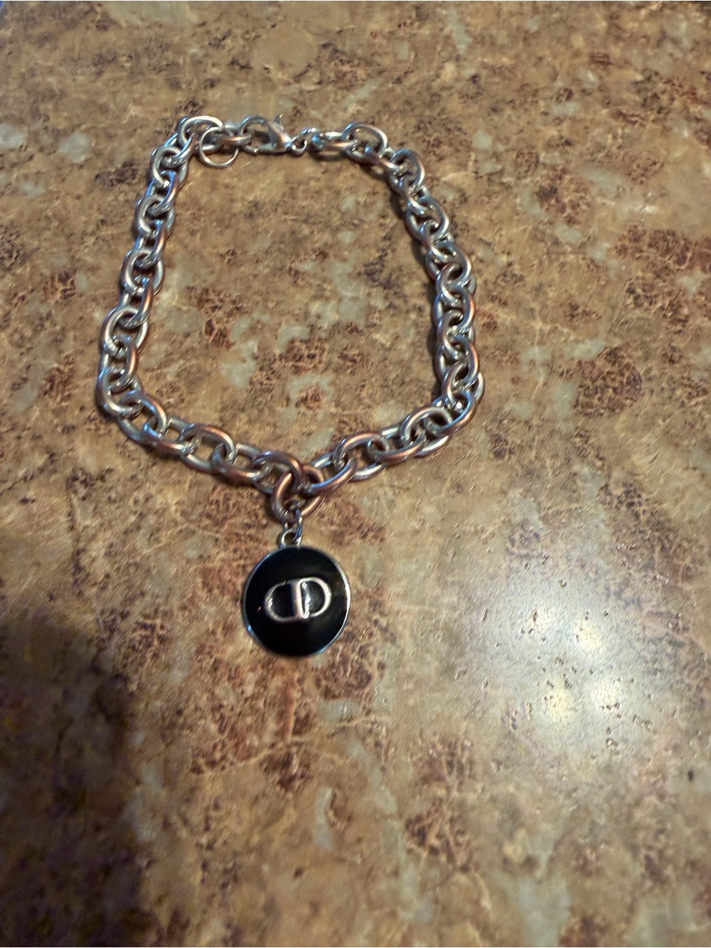 Hand Crafted Silver Chain Bracelet with Black Round Pendant